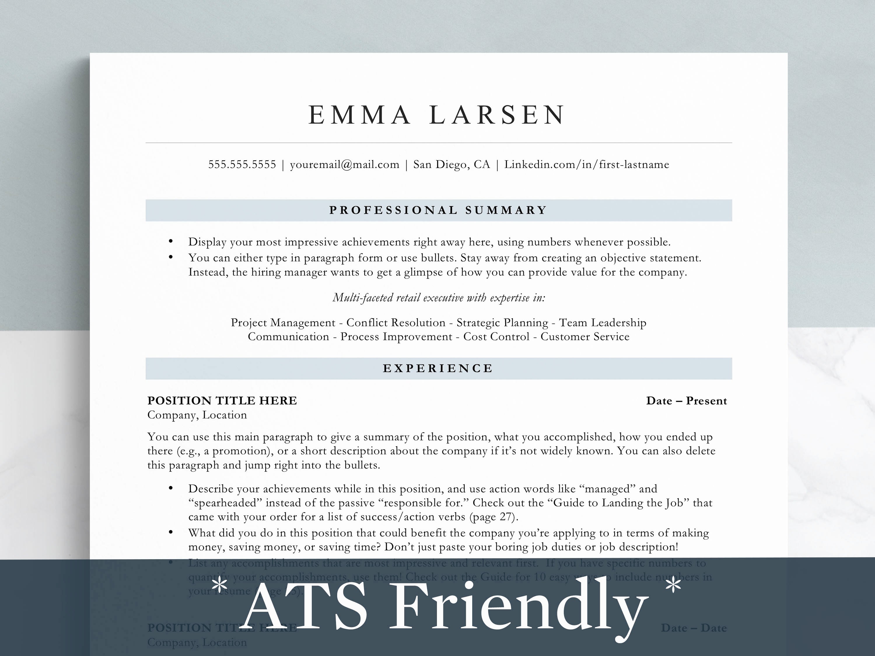 Single Column Resume Template For Word, Pages, Google Docs, ATS Friend