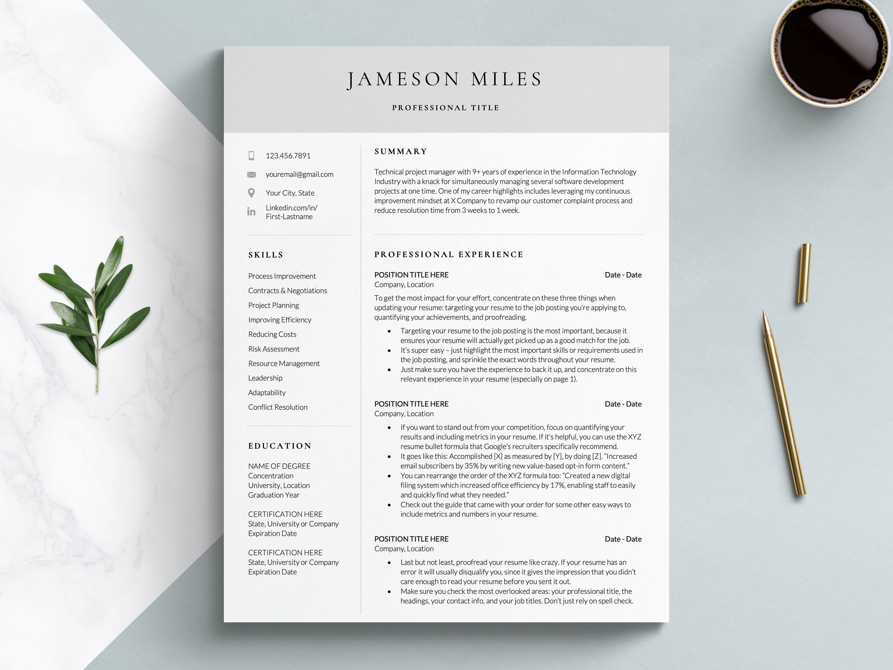 Project Manager Resume Template Format Word Google