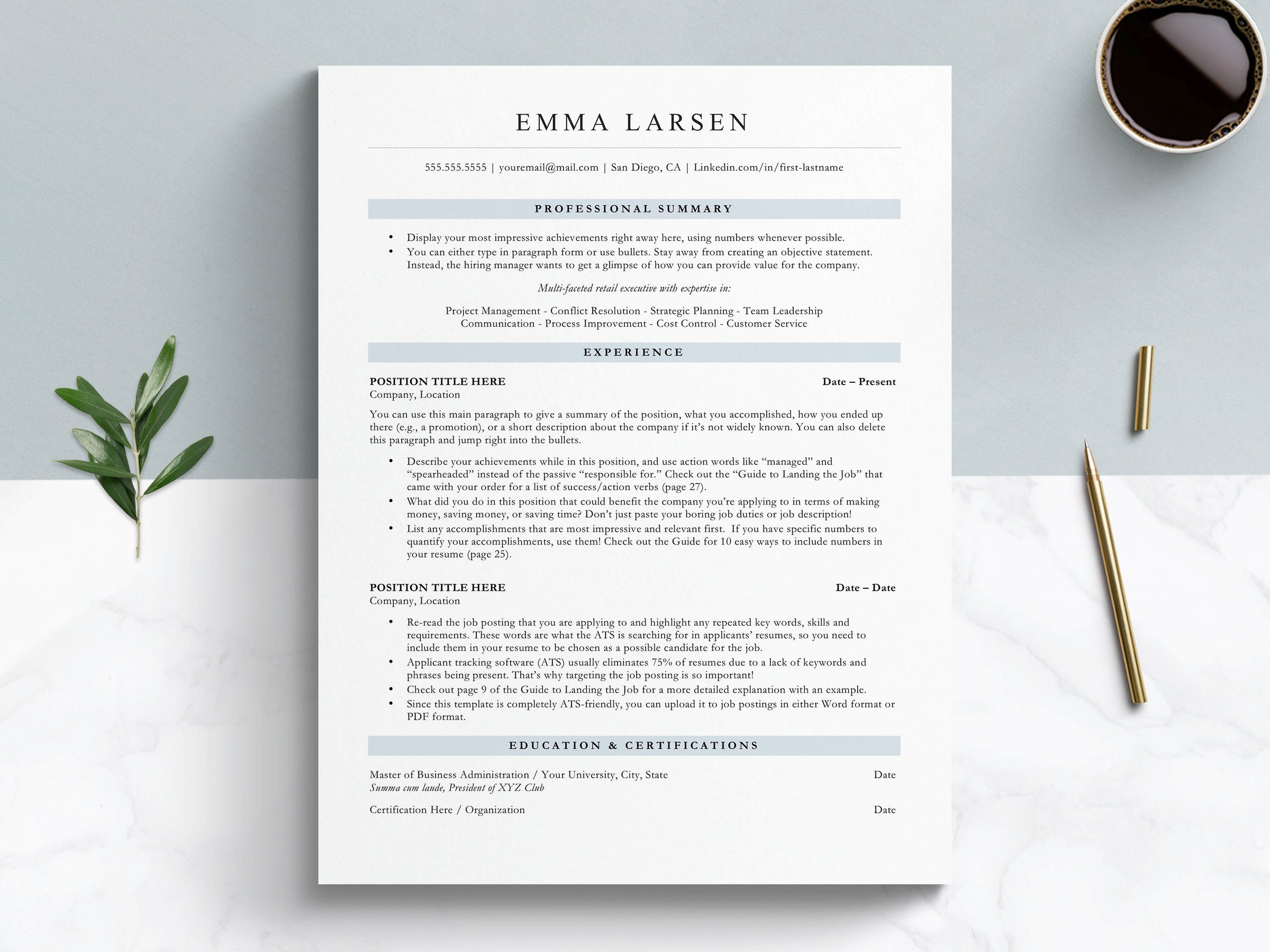 Single Column Resume Template for Word, Pages, Google Docs, ATS Friend