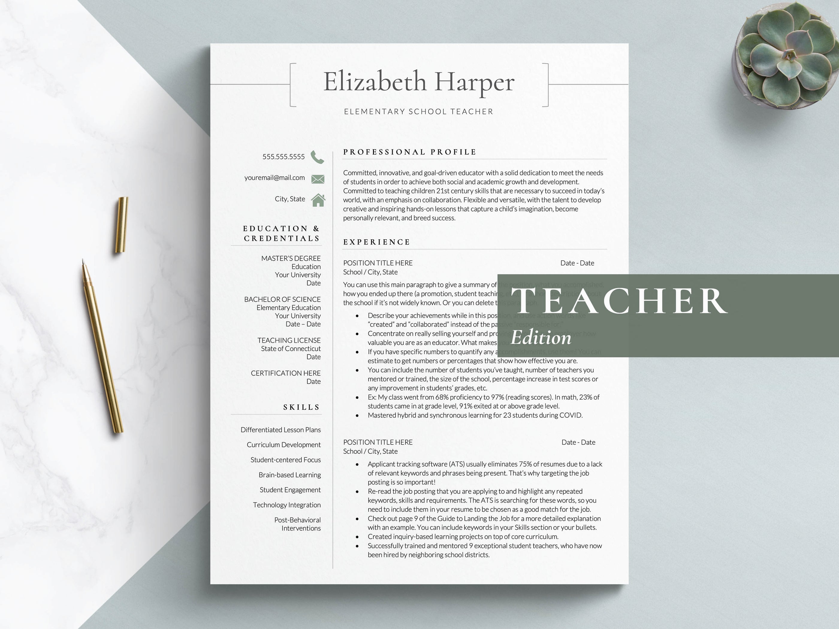 Teacher Resume Template for Google Docs Word and Pages
