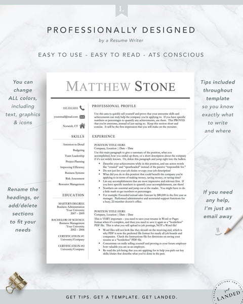 Professional, Masculine Resume Template for Word & Pages | The Stone ...