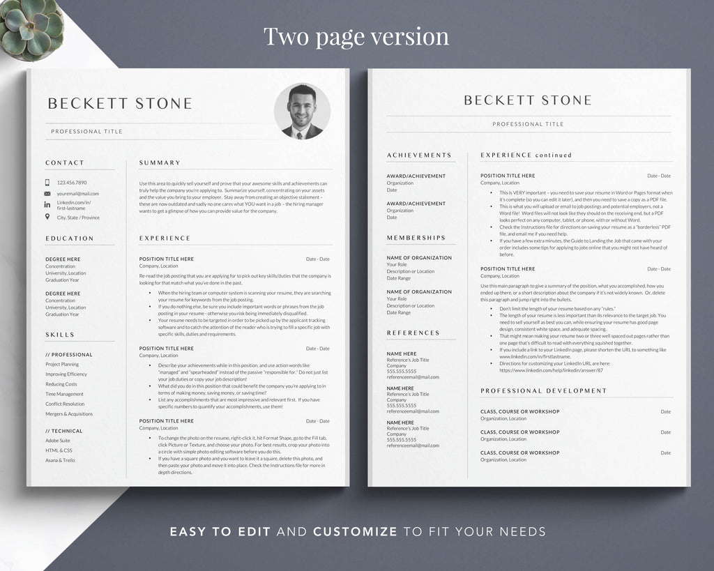 Resume Template / CV Template with Photo for Word & Pages Resume Forma ...