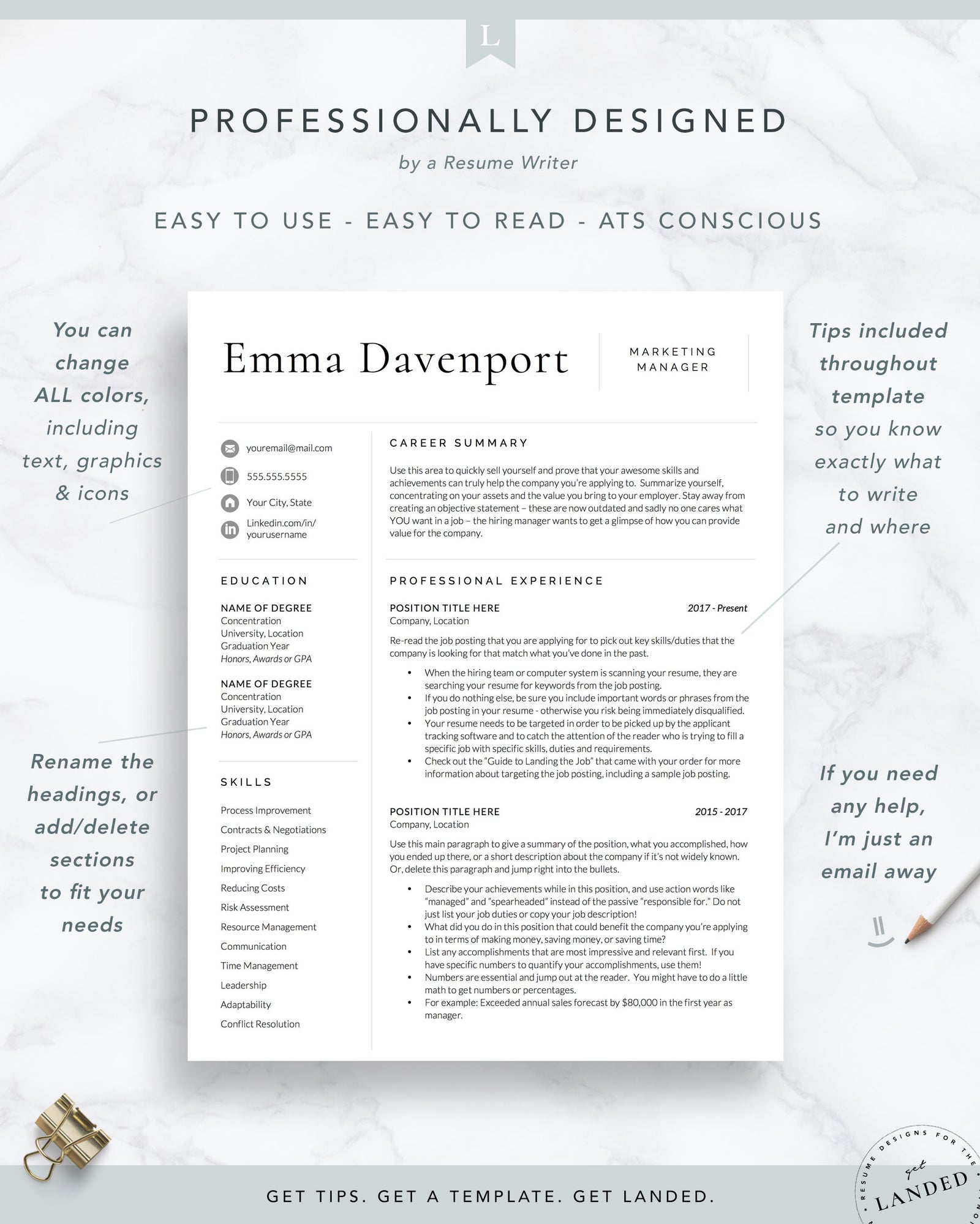 Modern, Clean Resume Template, Professional CV Template | The Emma